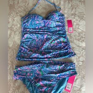 NWT Lilly Pulitzer Flamenco Tankini and Lagoon Sarong Hipster Bottom. Lilac Rose